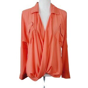 Naked Zebra Sz Med Blouse Sheer Faux Wrap Drapey Blouse Shirt Top Bright Coral